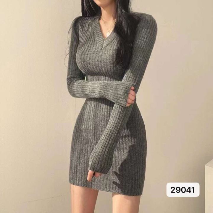 VIEVENA New Korean fashion knitted dress sexy long sleeve V-neck ...