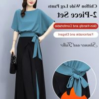 COD DSFGREYTRUYTU Goddess Style Chiffon Wide Leg Pants 2-Piece Set Womens simple suit