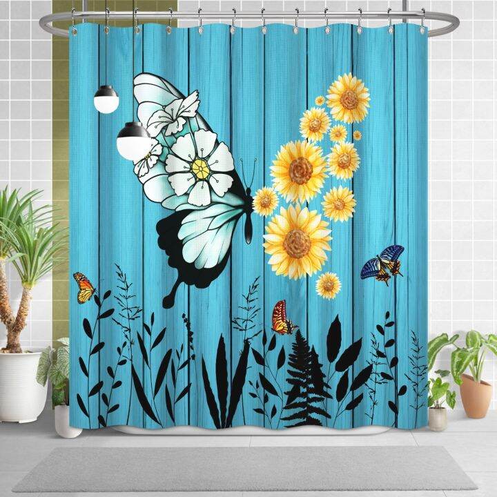 cyan-wood-flowers-thick-waffle-butterfly-stripe-shower-curtain-waterproof-shower-curtain-simple-hook-bathroom-tub-shower-cover