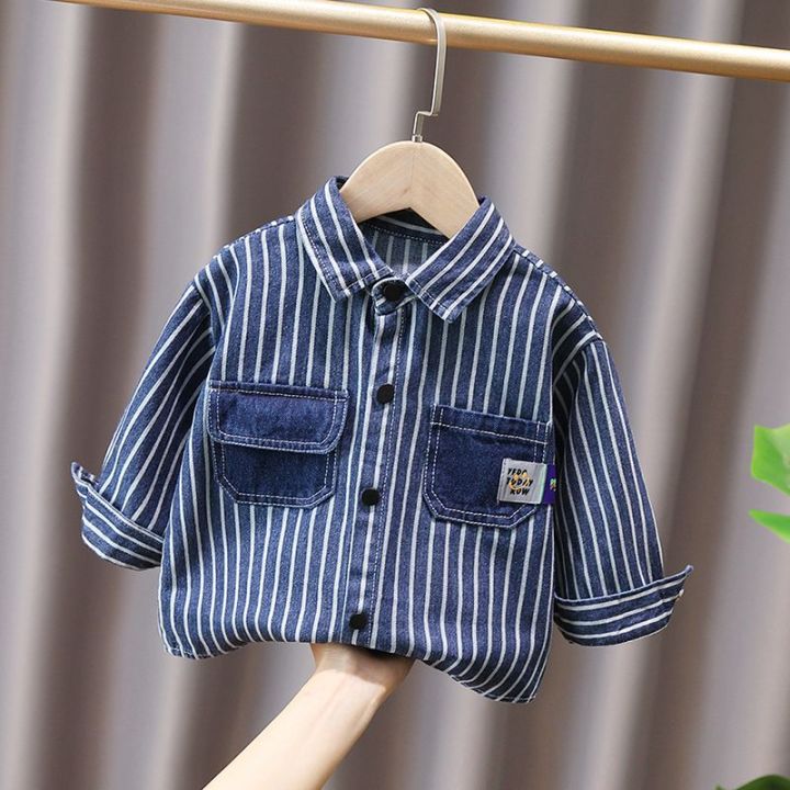 amila-kids-vertical-stripe-pocket-paneled-denim-jacket-for-boys-and-girls-2022-spring-autumn-baby-thin-top-baby-shirt