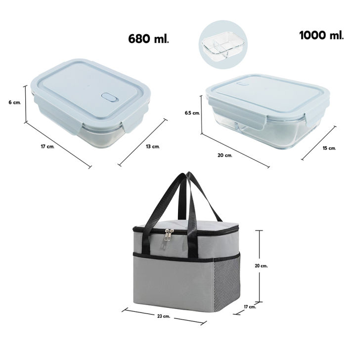 rrs-กล่องแก้วถนอมอาหาร-680-1000ml-2-ใบ-ชุด-พร้อมกระเป๋าเก็บอุณหภูมิ-ทรงสี่เหลี่ยม