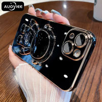 Auoviee เคสแท่นวางพับได้นักบินอวกาศชุบด้วยไฟฟ้าพร้อม3D ฟิล์มเลนส์สำหรับ iPhone 14 13 12 11 Pro Max Mini XS Max X XR 7 8 Plus SE 2020เคสซิลิโคนแบบนิ่ม