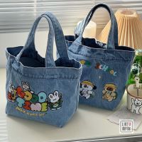 【BA】◙¤◑ Japanese cartoon embroidery washed denim large capacity handbag student cute handbag bucket lunch box bag