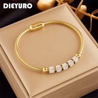 316L DIEYURO แม่เหล็กสแตนเลสสีทอง Rhinestone สร้อยข้อมือลูกปัดสำหรับแฟชั่นสำหรับผู้หญิงผู้หญิงของขวัญเครื่องประดับกำไลข้อมือแม่เหล็ก