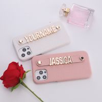 Holding Strap Personalization Custom Metal Name Leather Mobile Phone Case Cover For iPhone 14 14Pro 13Pro Max Mini XR X 8Plus X