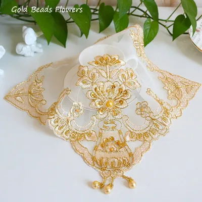 【CC】▥  Mesh beads gold flower embroidery place mat cloth pad cup coffee coaster doily kitchen wedding placemat