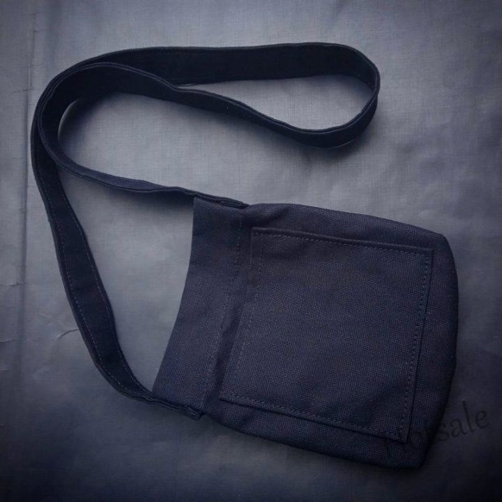 hot-sale-c16-hitam-mini-sling-bag-pocket-canvas-bag-plain-black-thick-canvas-fabric-sling-bag