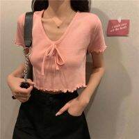 Mens Sweaters Womens Clothing Croptop terno Summer Short Midriff-Baring Bow Short-Sleeve Top