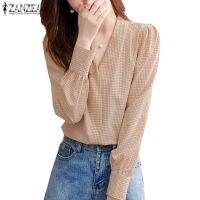 Womens Korean Commuting Daily Street Fashion Grid Printed V-neck Full Sleeve Blouses QC7311522