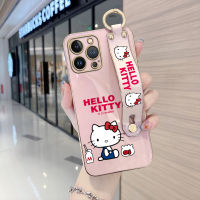 Volans เคสสำหรับ Apple iPhone 15 Plus 15 Pro Max พร้อมสายรัดข้อมือขอบสี่เหลี่ยมนิ่มลายการ์ตูนน่ารัก Kity เคสชุบเคสโทรศัพท์หรูหราชุบเคสโทรศัพท์นิ่ม