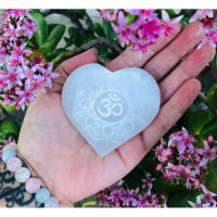 1 PC Selenite Etched Om Mandala Heart, Selenite Palmstone, Carved Engraved Hamsa Palmstone