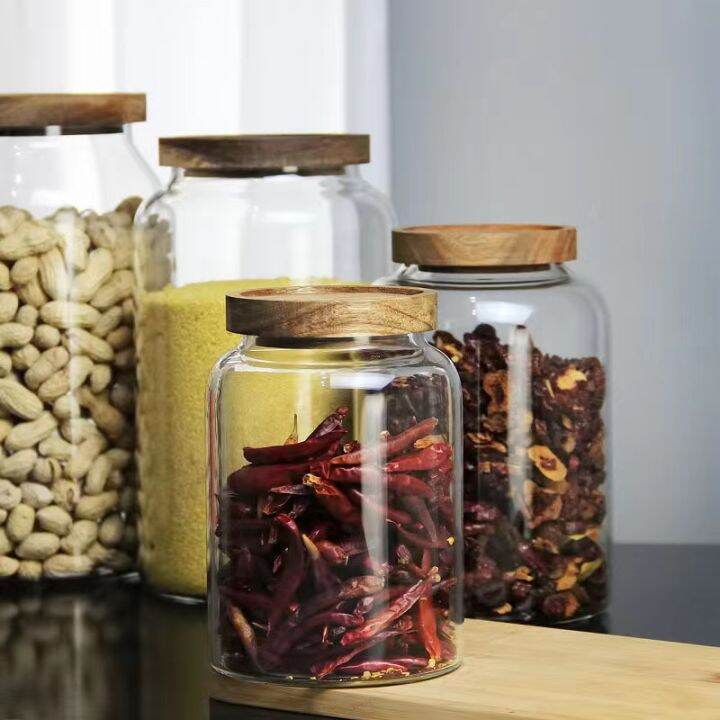 Wooden Lid Airtight Glass Jar Food Storage Container Spice Bottles ...