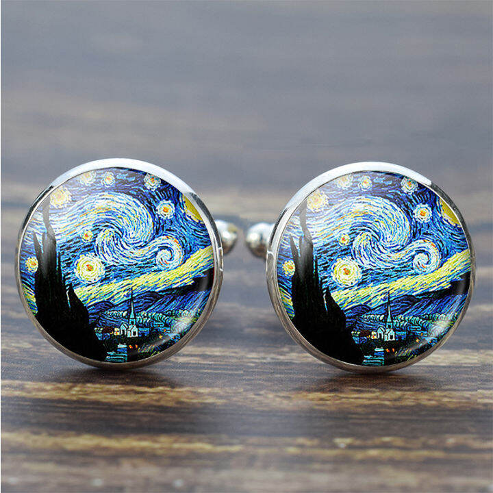 van-gogh-ภาพวาดแก้ว-cufflinks-starry-night-sunflower-ชุด-cuff-links-ชายอุปกรณ์เสริมสามีของขวัญวันเกิด-yrrey