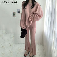 Sister Fara 2021 Autumn Winter Chic O-neck Hoodies Sweater Set+High Waist Skinny Split Flare Pants Female Casual Two-piece Suit