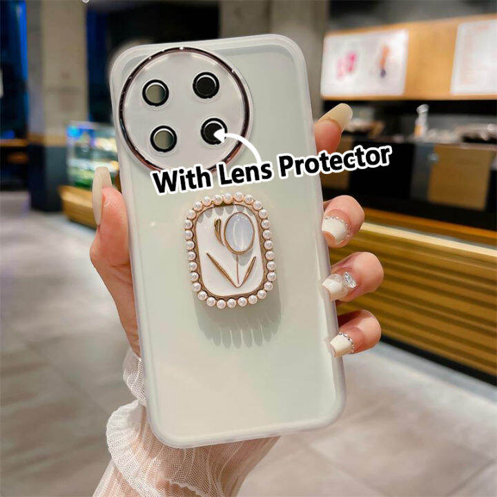 เคสโทรศัพท์ขาตั้งดอกไม้ไข่มุกหรูสำหรับ-realme-11-4g-5g-11-pro-11-pro-c51-c53-c55-c33-c35-c30-c31-c11-c20-c12-c25-c25s-c21y-c25y-realme-10-pro-10-pro-10-pro-10-pro-9i-ด้วยเคสฝาปิดโปร่งใส-tpu-นิ่มลายฟิล