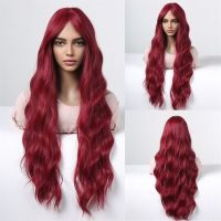 Wine Red Burgundy Long Water Wave Synthetic Wigs with Bangs for Women Cosplay Halloween Curly Wave Hair Wig Heat Resistant Fiber Wig  Hair Extensions