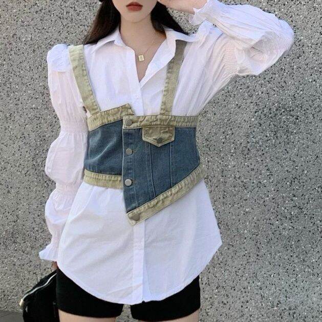 hong-kong-style-shirt-womens-design-sense-niche-bubble-sleeves-loose-and-versatile-denim-sling-with-overlapping-vest-two-piece-suit