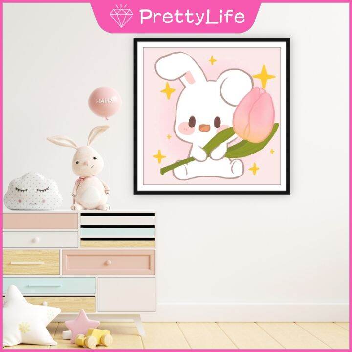 pl-cute-bunny-5d-diy-ภาพวาดเพชร-animal-wall-art-สำหรับตกแต่งบ้าน40x40cm