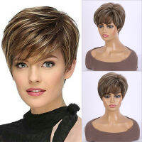 Wig Womens Realistic Natural Mixed Color Diagonal bangs Short hair Synthetic Fiber Headcover