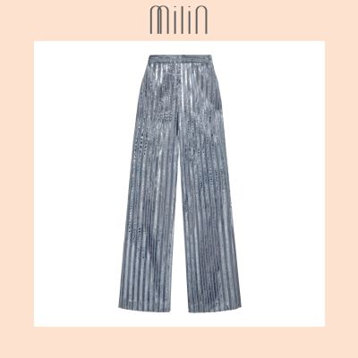[MILIN] Aisle Wide legs Side slits detail Glittery velvet stripe High waisted pants / กางเกงขายาวเอวสูงผ้ากำมะหยี่ผ้ากำมะหยี่ สีเทา / สีดำ