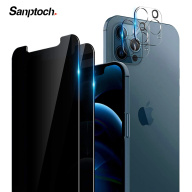 4 CÁI Sanptoch Bảo vệ màn hình riêng tư cho iPhone 11 12 13 Pro Max Mini HD 9H Phim bảo vệ bằng kính cường lực có độ cứng với 2 chiếc Bảo vệ ống kính máy ảnh đầy đủ thumbnail