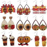 NianMiao 9 Pairs / Set  Autumn Thanksgiving Cute Turkey Harvest Pumpkin Sunflower Coffee Cup Design Dangle Earrings Trendy Accessories