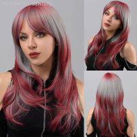 Gray Burgundy Wig With Bangs Long Straight Layered Synthetic Cosplay Party Wig Suitable For Fashion Ladies [ Hot sell ] TOY CENTER