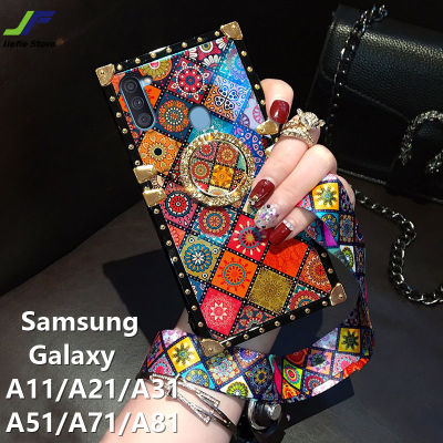 JieFie Blu-Ray สไตล์ชาติพันธุ์เคสโทรศัพท์สำหรับ Samsung Galaxy A12 / A52 / A72 / A32 / A22 / A11 / M11 / A31 / A51 / A71 / A21 / A81 Luxury Square กันกระแทกฝาหลัง + ขาตั้งโทรศัพท์และเชือกเส้นเล็ก