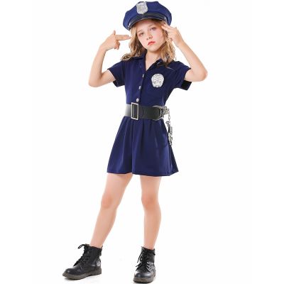 Umorden Kids Child Lovely Blue Police Cosplay Costume Uniform for Girls Job Occupation Role Play Fantasia Halloween Costumes