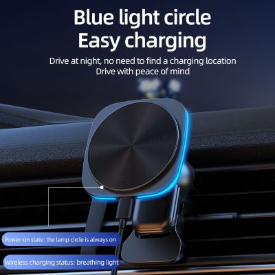ช่องแอร์ไฟ LED RGB ที่ชาร์จไร้สายสำหรับใช้ในรถแม่เหล็ก30W ที่วางโทรศัพท์ Macsafe สำหรับสถานีชาร์จแบบรวดเร็ว14 13 12 Pro Max