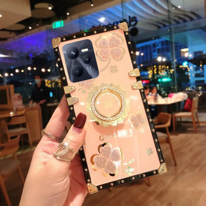 เคสสำหรับ-realme-c35-realmec35-4g-เคสด้านหลังเคสโทรศัพท์มีห่วงขาตั้งกันกระแทก-tpu-นิ่มกันกระแทกเคสมือถือลายดอกไม้ส่องแสงเป็นประกายวิบวับ