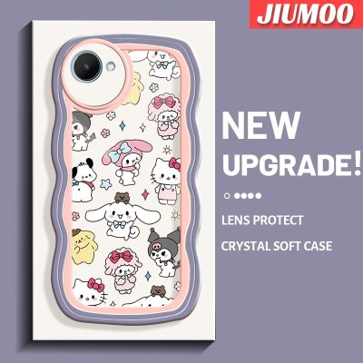 JIUMOO เคสสำหรับ Realme C30 C30s Narzo 50i Prime เคสลายการ์ตูน Sanrio Family Hello Kitty แฟชั่นลายคลื่นเคสโทรศัพท์โปร่งใสเลนส์กล้องถ่ายรูปเคสกันกระแทกกรอบป้องกันซิลิโคนอ่อนชัดเจน