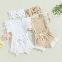 Infant Newborn Baby Girls Summer 3PCS Outfit Sets Flying Sleeve O Neck Romper + Drawstring Shorts + Headband 3Pcs Set  by Hs2023