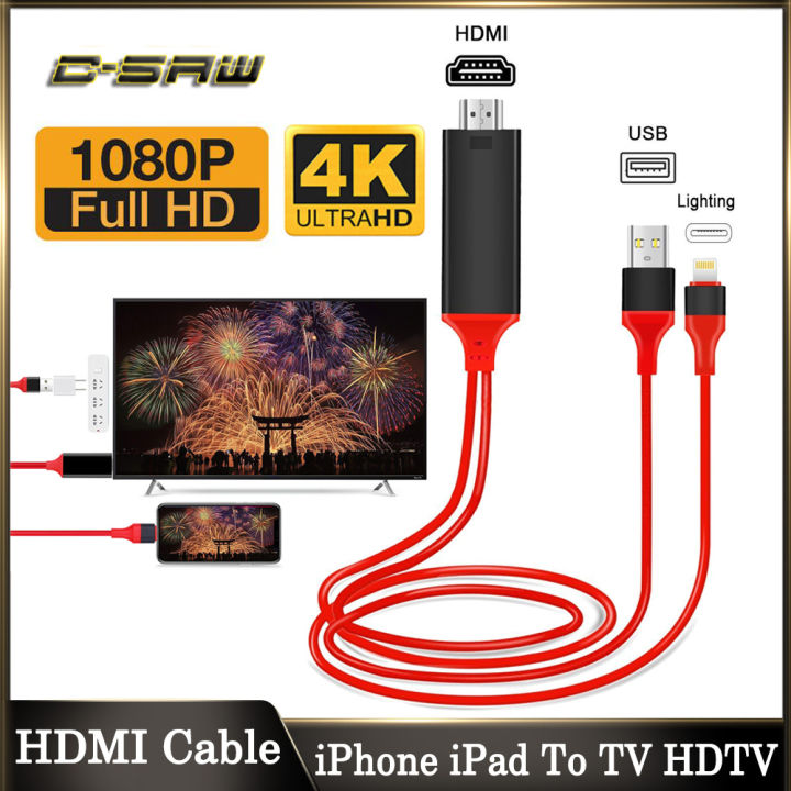 C-SAW 2m Lightning Port IOS To HDMI Cable 4K TV HDMI Display Adapter USB Cord For iPhone 5/5c/5s/6/6Plus/6s/6s Plus/7/7 11 12 11Pro Max XS Pro Max XR SE2 iPad Air Plug
