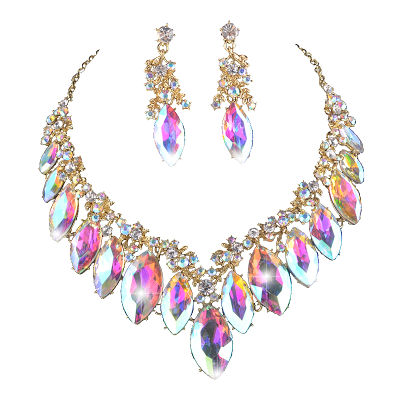 Marquise AB Color Crystal Pageant Bridal Jewelry Sets Women Party Wedding Dress Necklace Earrings Rhinestone For Christmas gift