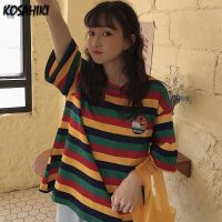 KOSAHIKI Harajuku Striped Kawaii Women Tops Casual Loose Short Sleeve Korean Student Tee Shirt Ins Retro O Neck Teens T Shirt