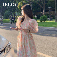 IELGY เดรสรัดรูปเอวลายดอกไม้สำหรับฤดูร้อน,เดรสสไตล์ฝรั่งเศสชุดสีชมพูใหม่