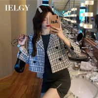 IELGY เสื้อสูทลายสก็อตสำหรับผู้หญิง,เสื้อแจ็กเก็ตสั้นคอเสื้อสูทสไตล์เกาหลี