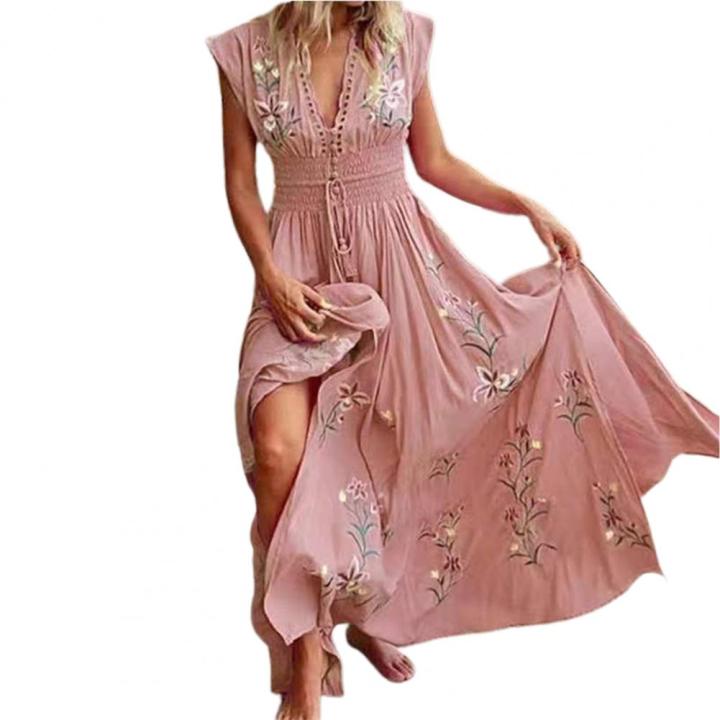 bohemian-women-dress-floral-print-lace-up-tassel-large-hem-dress-summer-vintage-maxi-dress-beach