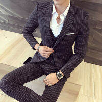 Gifts Spot MenS Large Size Suit Male Korean Version Slim Stripe Three -Piece Bridegroom Wedding Dress