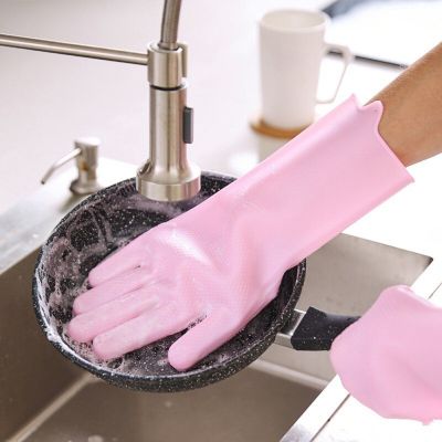 1Pair Kitchen Silicone Cleaning Gloves Rubber Sponge Glove Household Scrubber Kitchen Clean Tools Dishwashing Gloves Safety Gloves