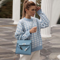 Women Casual Houndstooth Lady Pullover Sweater Female 2022 Autumn Winter Retro Jumper Women Geometric Blue Knitted Sweater Femme