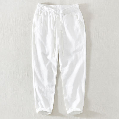 สีขาวผ้าฝ้ายผ้าลินินกางเกงผู้ชายฤดูร้อนระบายอากาศสบายๆกางเกงหลวมน้ำหนักเบา Drawstring โยคะกางเกงชายหาดกับกระเป๋า