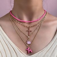 【hot】♚  Multilayered Pink Dog Choker Necklace Bead Chain Set Boho Jewelry