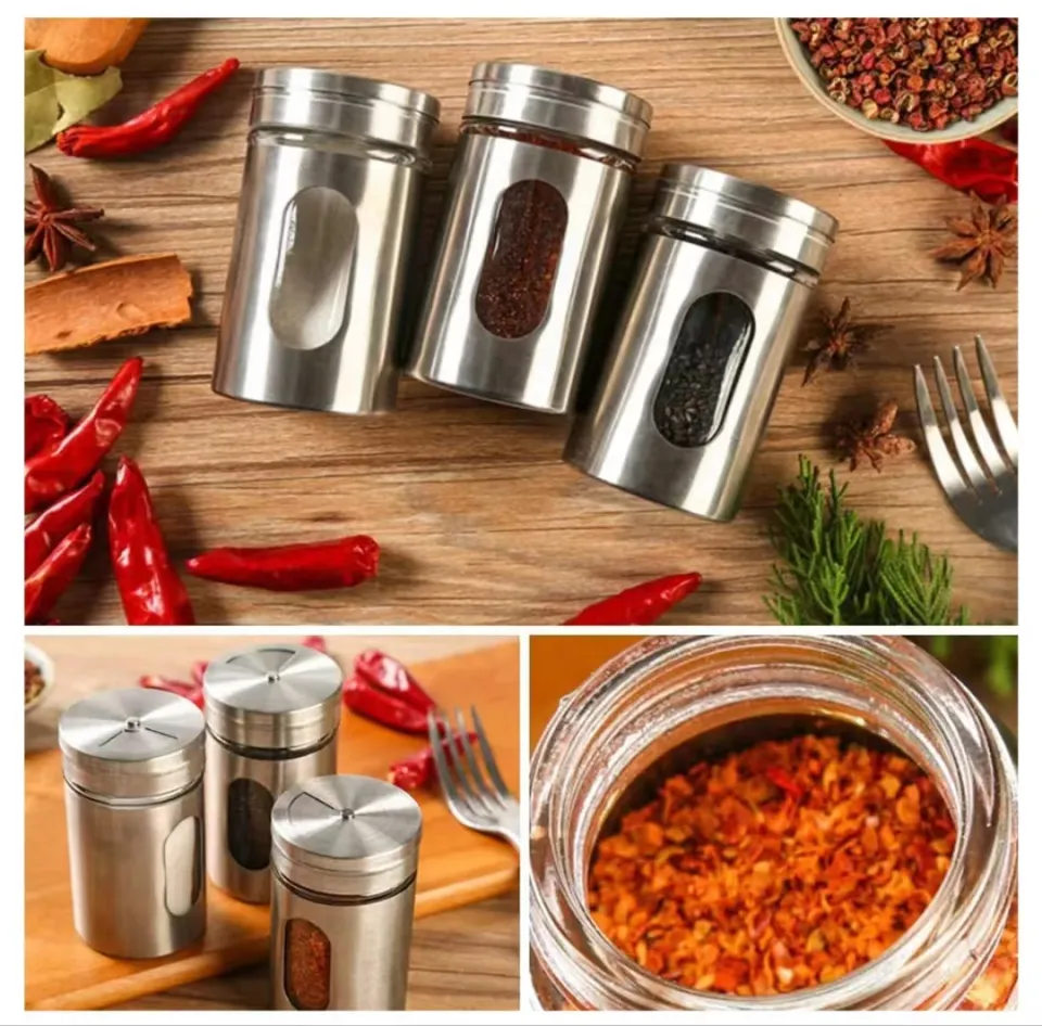 Adjustable Seasoning Shaker Glass Spice Jars 100ml Stainless Steel Lid Salt  Pepper Shaker Dispenser Refillable 