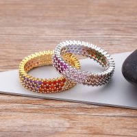 Hot Sale Luxury Copper Zircon Rainbow Crystal Rings Party Wedding Band Ring for women Bridal Fashion Anniversary Jewelry Gift