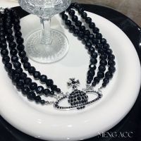 Westwood Vivian West Queen Saturn chocker black! short clavicle chain three-layer black crystal Saturn necklace trendy