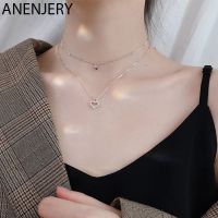 ANENJERY 925 Sterling Silver Dainty Double Layer Heart Necklaces With Micro Pave Zircon collares S-N468