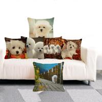 XUNYU Cute Pet Cushion Cover Bichon Frise Pillow Case Linen Cushion Case Sofa Bed Decorative Throw Pillowcase 45x45cm C0013