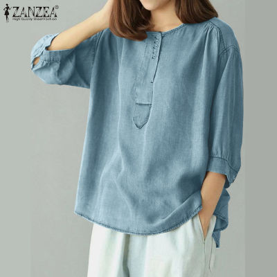 (สินค้ามาใหม่)(จัดส่งฟรี)Fancystyle ZANZEA หลวมลำลองผู้หญิงเสื้อหนาเสื้อยืดคอกลมข้อมือกระดุมวินเทจ #8